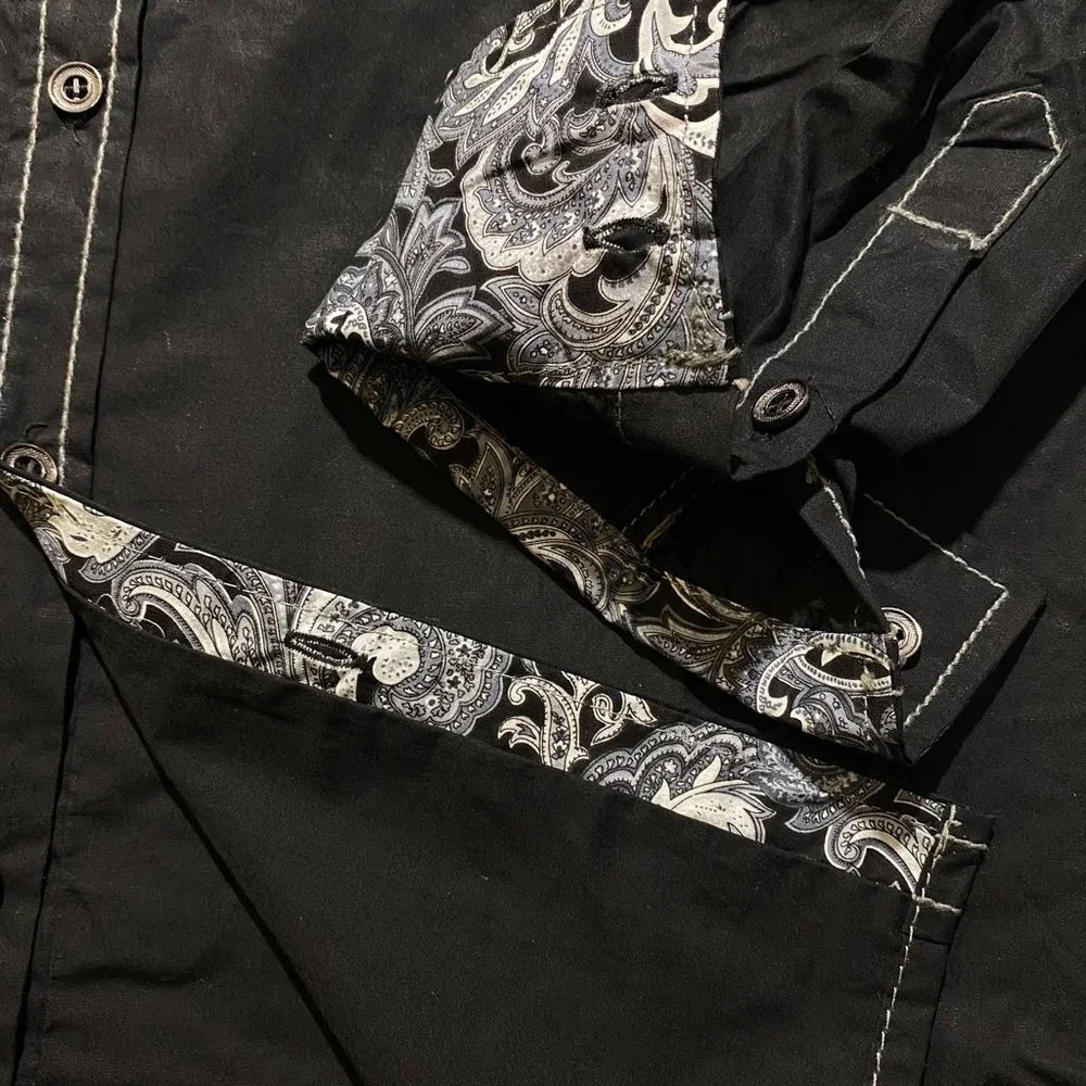 Franky Max Men’s Embroidered w/ Paisley Trims Long Sleeve Shirt Size M Black - Picture 5 of 9